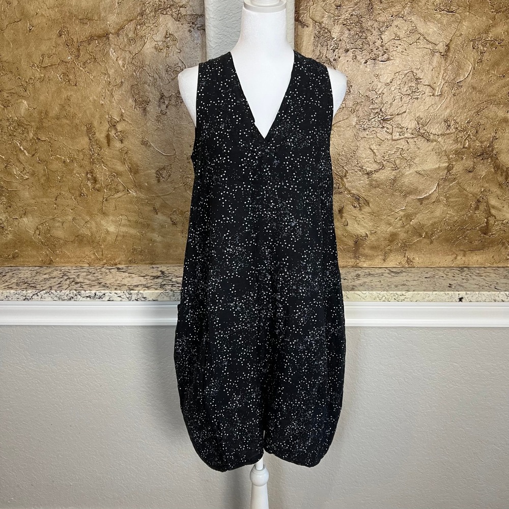 Inizio Linen Dress Small Black Paint Splatter V-Neck Sleeveless Lagenlook Italy